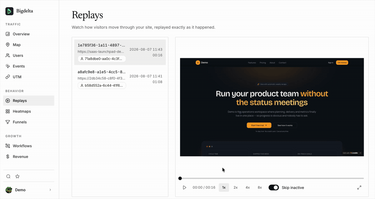 A Bigdelta session replay of a Lovable app playing in the Replays view