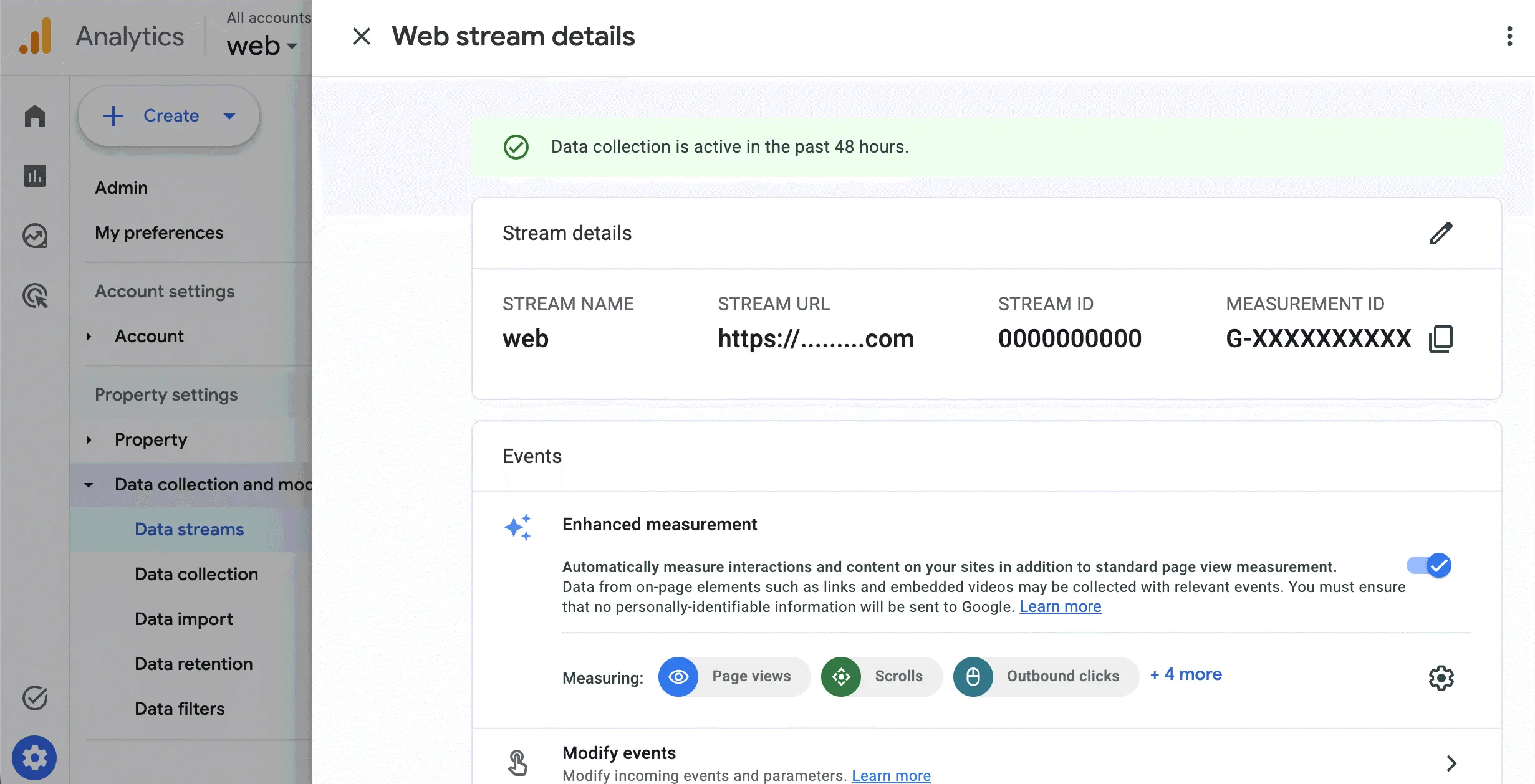 GA4's Web stream details screen with the G- Measurement ID field
