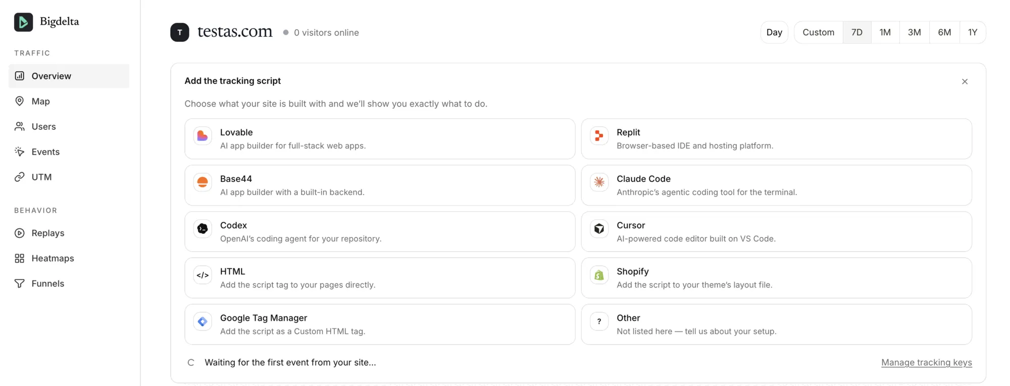 Bigdelta's add-the-tracking-script screen listing platforms, with HTML as the option to pick for Squarespace
