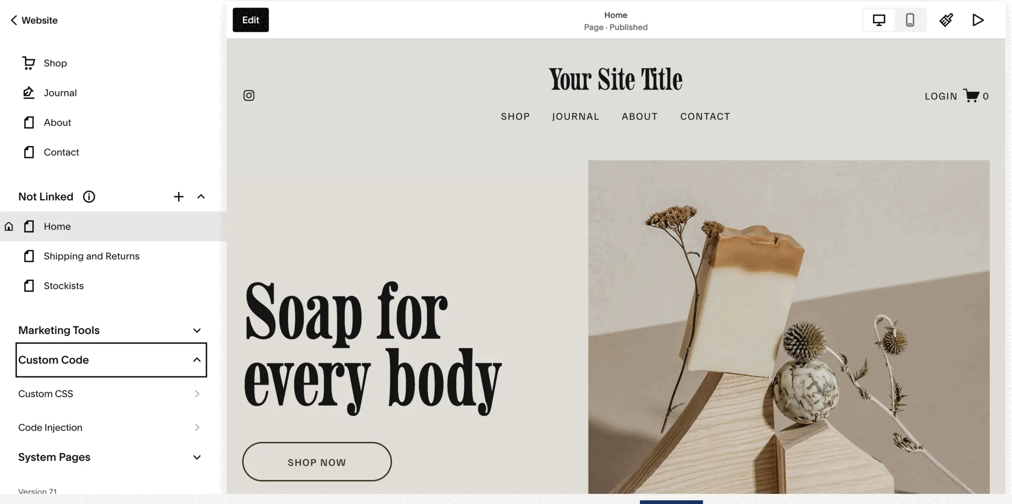 The Custom Code group expanded at the bottom of the Squarespace Pages panel, showing Custom CSS and Code Injection