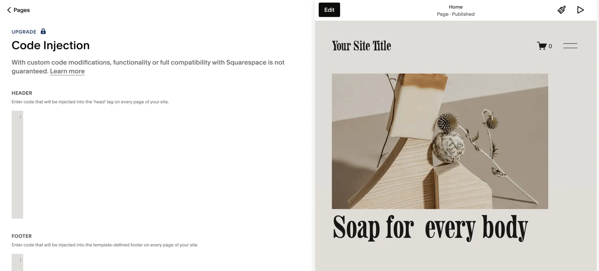 Squarespace's Code Injection panel with the Header and Footer boxes