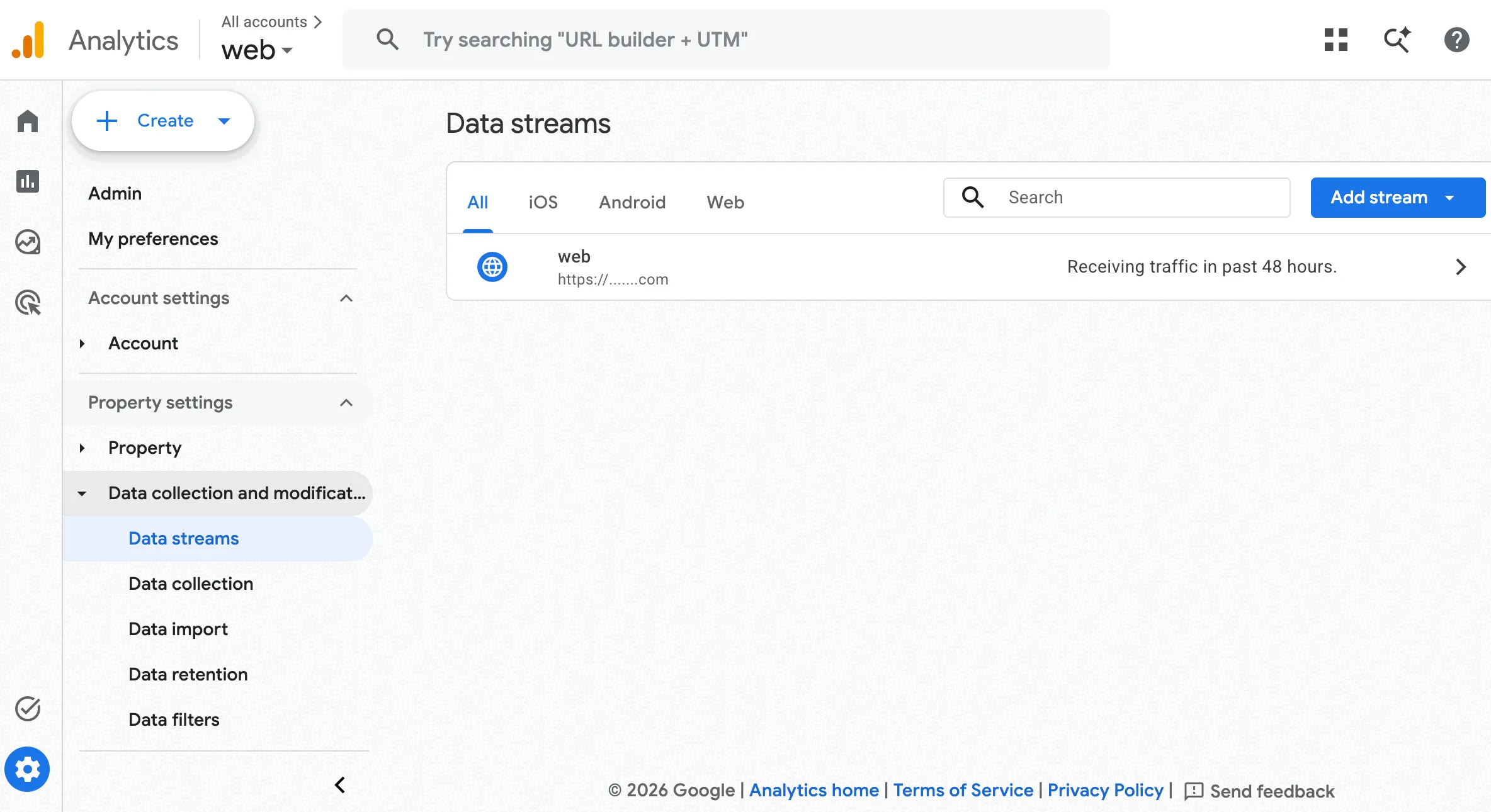 GA4 Admin - Data streams under Data collection and modification, showing one web stream receiving traffic