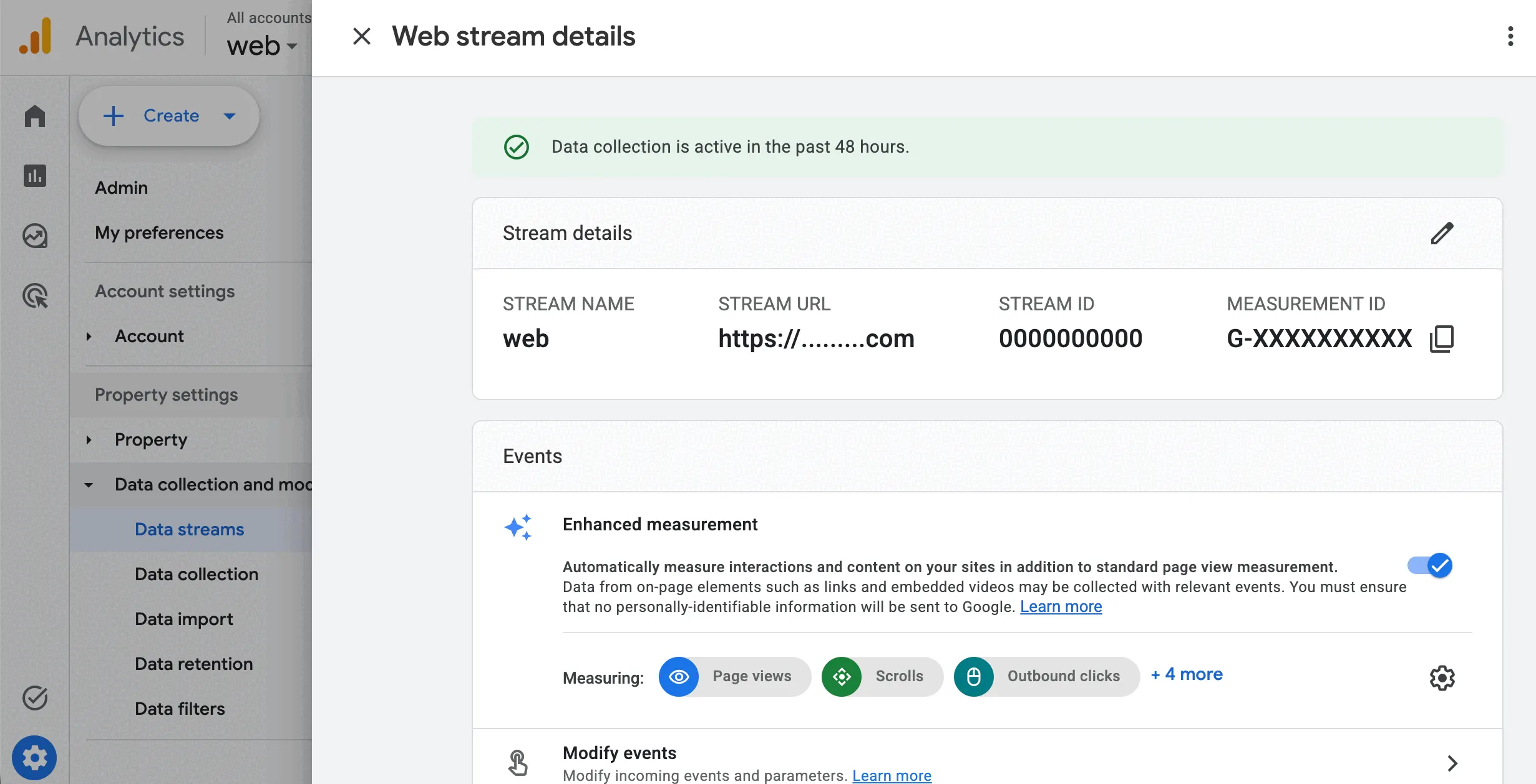 GA4 Web stream details showing the Measurement ID and the Enhanced measurement toggle